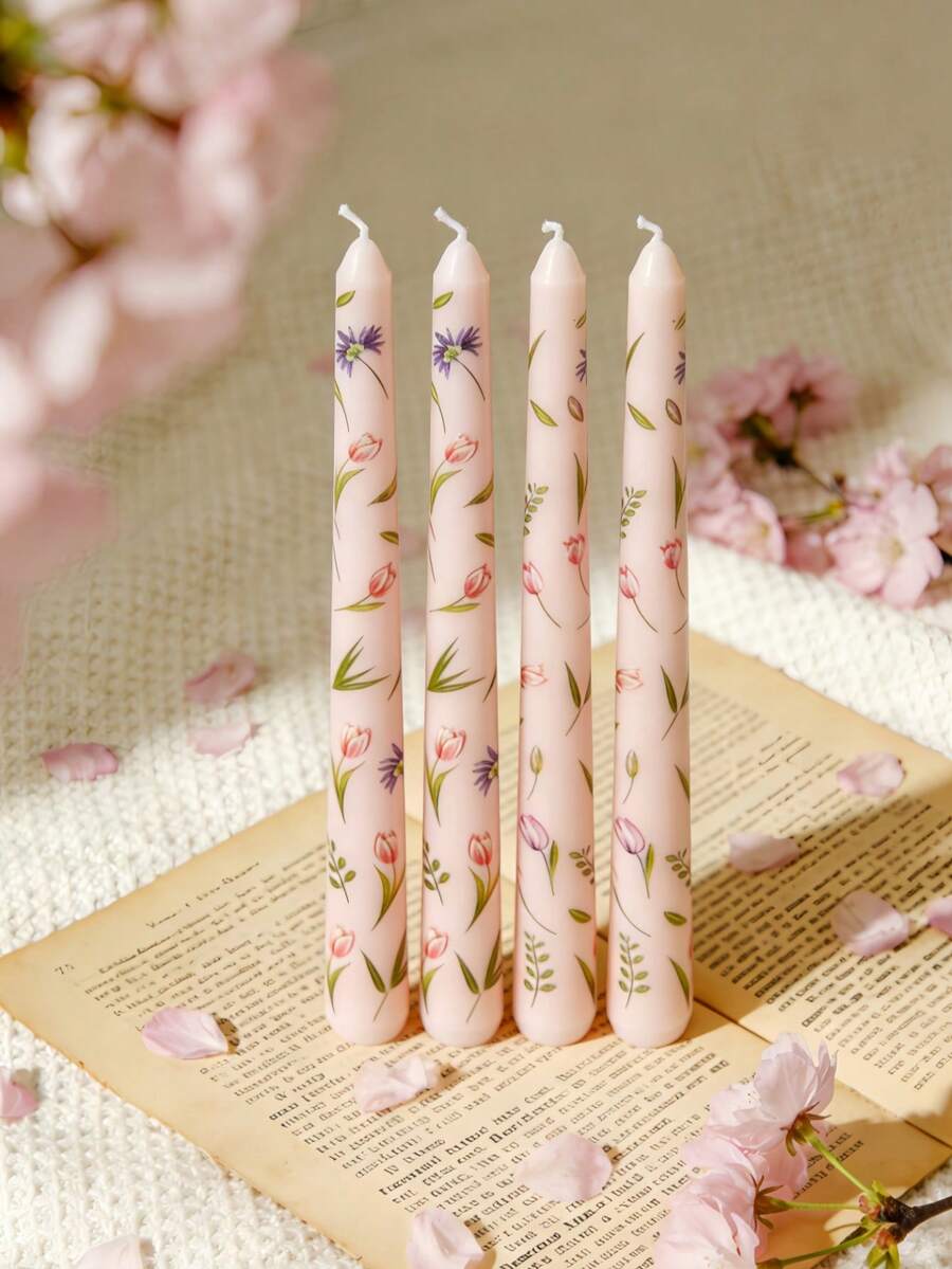 Beeswax Taper Candle - 4pcs Flower Printed Taper Candles, Vintage